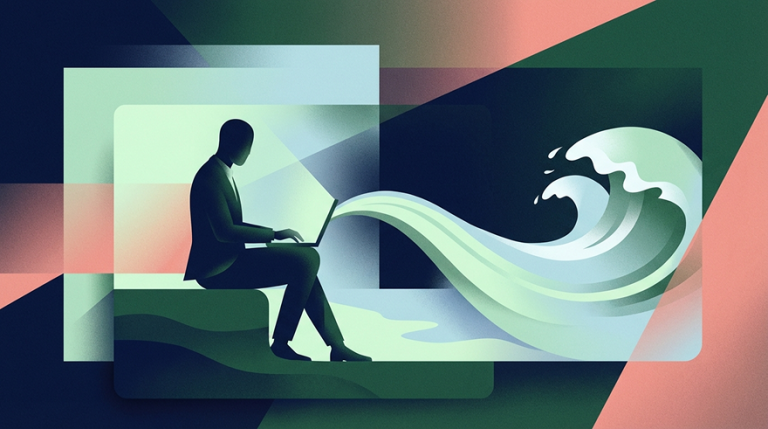 Abstract illustration of a person using a laptop, with a data stream wave flowing from the screen. Teal, green, and pink geometric background.