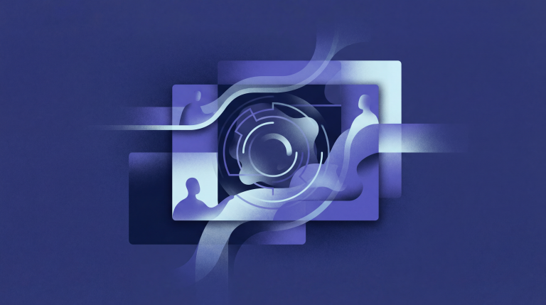 Abstract digital illustration depicting human silhouettes navigating a complex circular maze or gear mechanism, rendered in layered shades of blue and violet. Flowing ribbon-like shapes connect fragmented rectangular panels, suggesting confusion, disconnected systems, or users lost within a poorly designed digital interface.