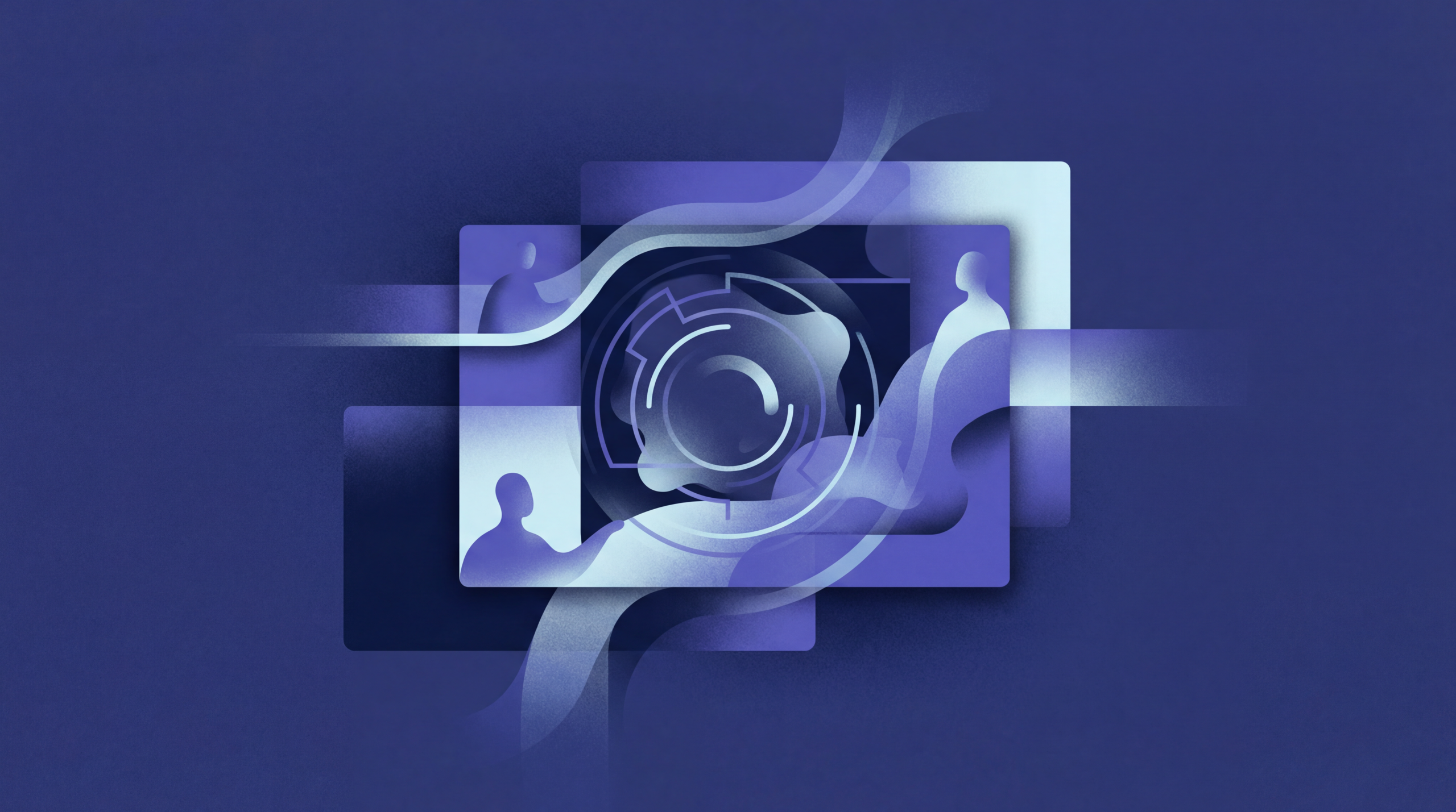 Abstract digital illustration depicting human silhouettes navigating a complex circular maze or gear mechanism, rendered in layered shades of blue and violet. Flowing ribbon-like shapes connect fragmented rectangular panels, suggesting confusion, disconnected systems, or users lost within a poorly designed digital interface.
