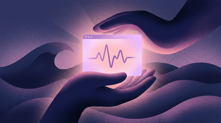 Stylised illustration of hands cradling a glowing browser window displaying a heart rate monitor line, set against a gradient background of flowing purple and pink waves, representing digital healthcare and medical SEO