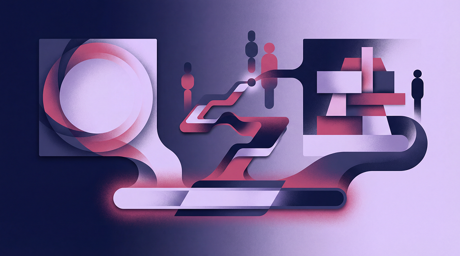 Abstract illustration featuring silhouetted human figures moving along layered, winding paths between geometric shapes in deep navy, purple, and red, symbolizing the complex journey of evaluating and selecting a web development agency.