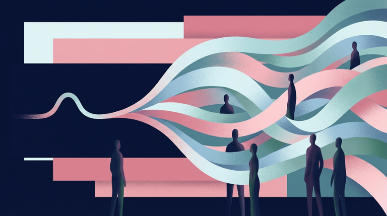 Abstract illustration of silhouetted human figures standing amid flowing, interwoven ribbons of soft pink, mint, and pale blue against a deep navy background, evoking the interconnected flow of communication and audience engagement in marketing.