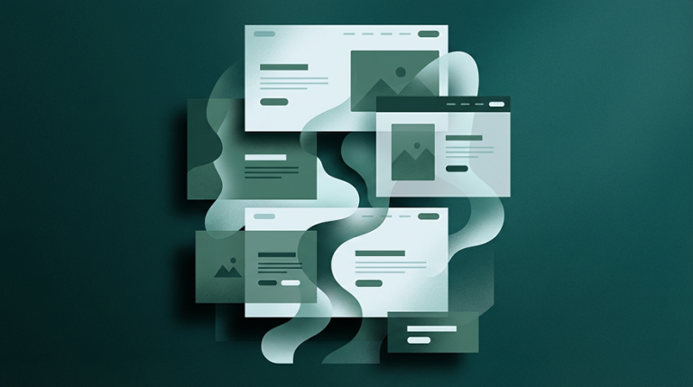 Abstract illustration of website development and design considerations with geometric shapes, computer elements, and flowing teal and green design patterns