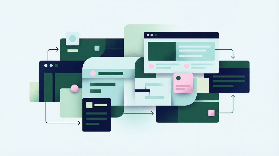 Abstract illustration of overlapping web browser windows and UI components in dark green, light blue, and pink, connected by arrows suggesting a website redesign workflow.