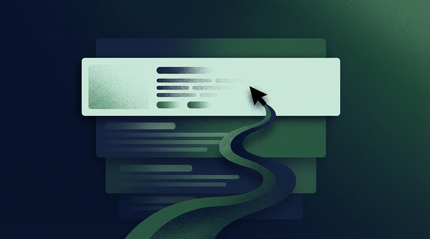 Abstract illustration showing arrows and curved lines representing search queries and zero-click results, with magnifying glass symbol and SEO-related elements