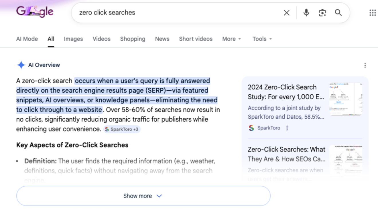 An example of zero click search shown on Google