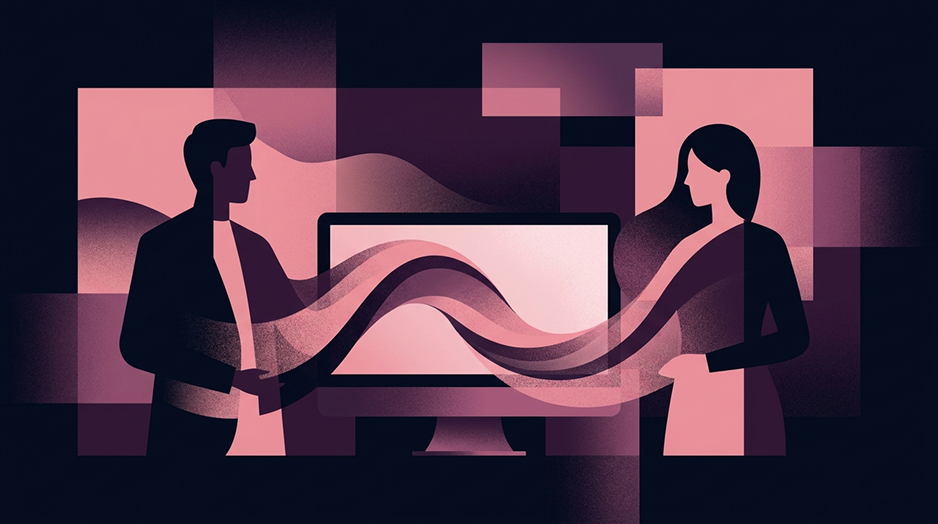 Two silhouetted figures stand either side of a desktop monitor, holding a flowing ribbon that passes through the screen between them. Abstract editorial illustration in dark navy with dusty pink geometric blocks.
