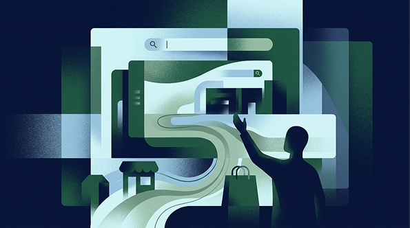 A dark-toned editorial illustration showing a silhouetted figure pointing towards oversized browser windows featuring search bars, with a small shopfront and shopping bags in the foreground, suggesting the journey from online search to local retail discovery.