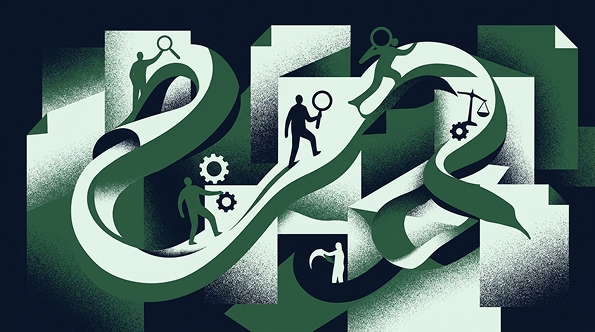 Illustration of people navigating a winding bridge through interconnected gears and twists, representing the process of evaluating, diagnosing, and improving marketing performance through a marketing audit.