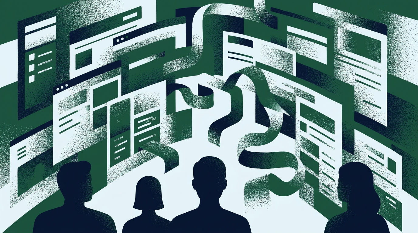 People and directional arrows leading to multiple screens, representing the SEO considerations involved in a website migration for Cayman Islands businesses.